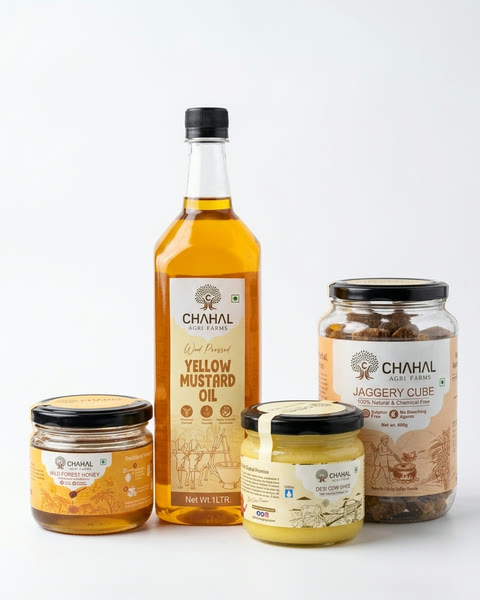 The Chahal Agri Farms pure pantry starter box — ghee, mustard oil, honey and jaggery